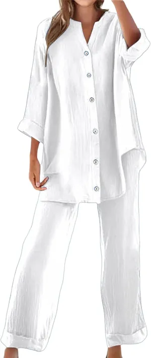 Cotton Linen Shirts for Women Loose Fit Summer Oversized Long Sleeve Button Shirt Wide Leg Pants Tracksuit