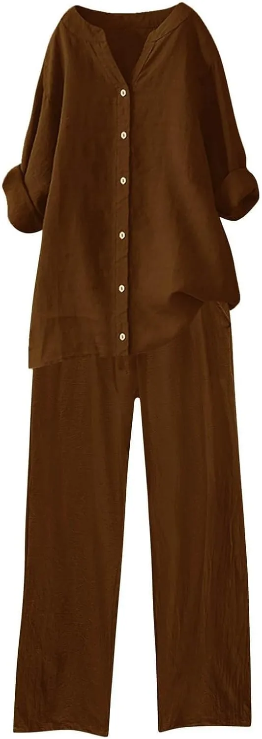 Cotton Linen Shirts for Women Loose Fit Summer Oversized Long Sleeve Button Shirt Wide Leg Pants Tracksuit