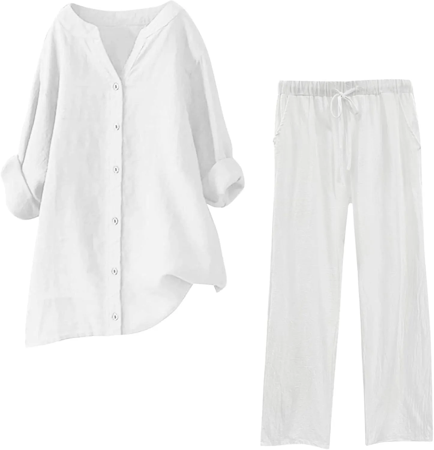 Cotton Linen Shirts for Women Loose Fit Summer Oversized Long Sleeve Button Shirt Wide Leg Pants Tracksuit