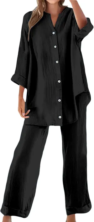 Cotton Linen Shirts for Women Loose Fit Summer Oversized Long Sleeve Button Shirt Wide Leg Pants Tracksuit