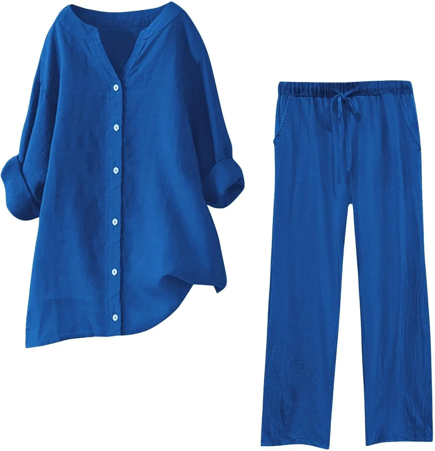 Cotton Linen Shirts for Women Loose Fit Summer Oversized Long Sleeve Button Shirt Wide Leg Pants Tracksuit