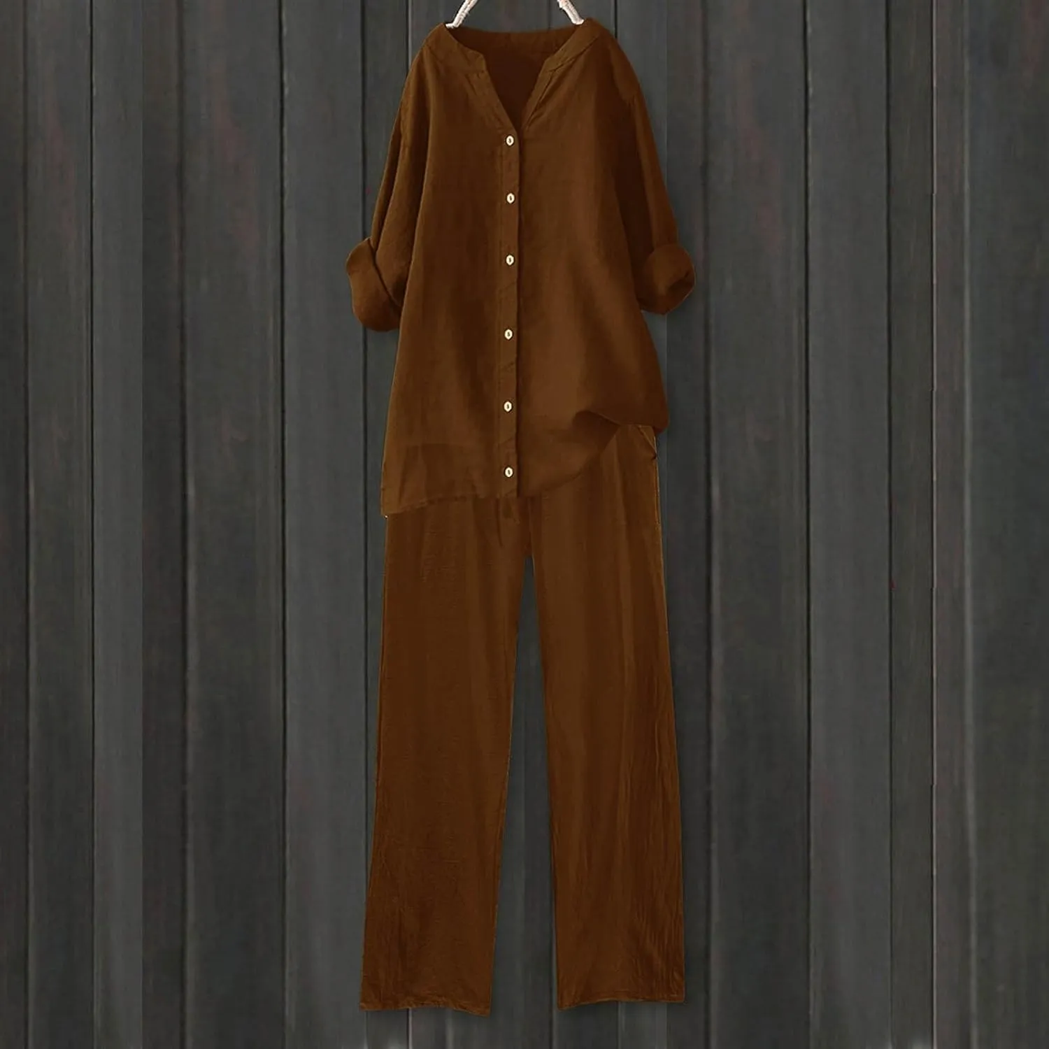 Cotton Linen Shirts for Women Loose Fit Summer Oversized Long Sleeve Button Shirt Wide Leg Pants Tracksuit