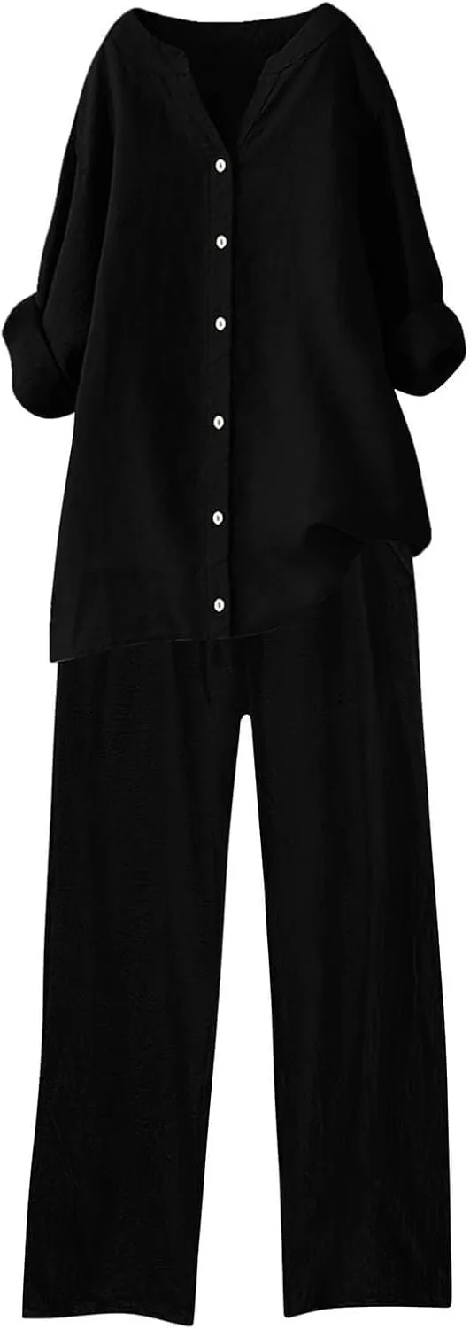 Cotton Linen Shirts for Women Loose Fit Summer Oversized Long Sleeve Button Shirt Wide Leg Pants Tracksuit