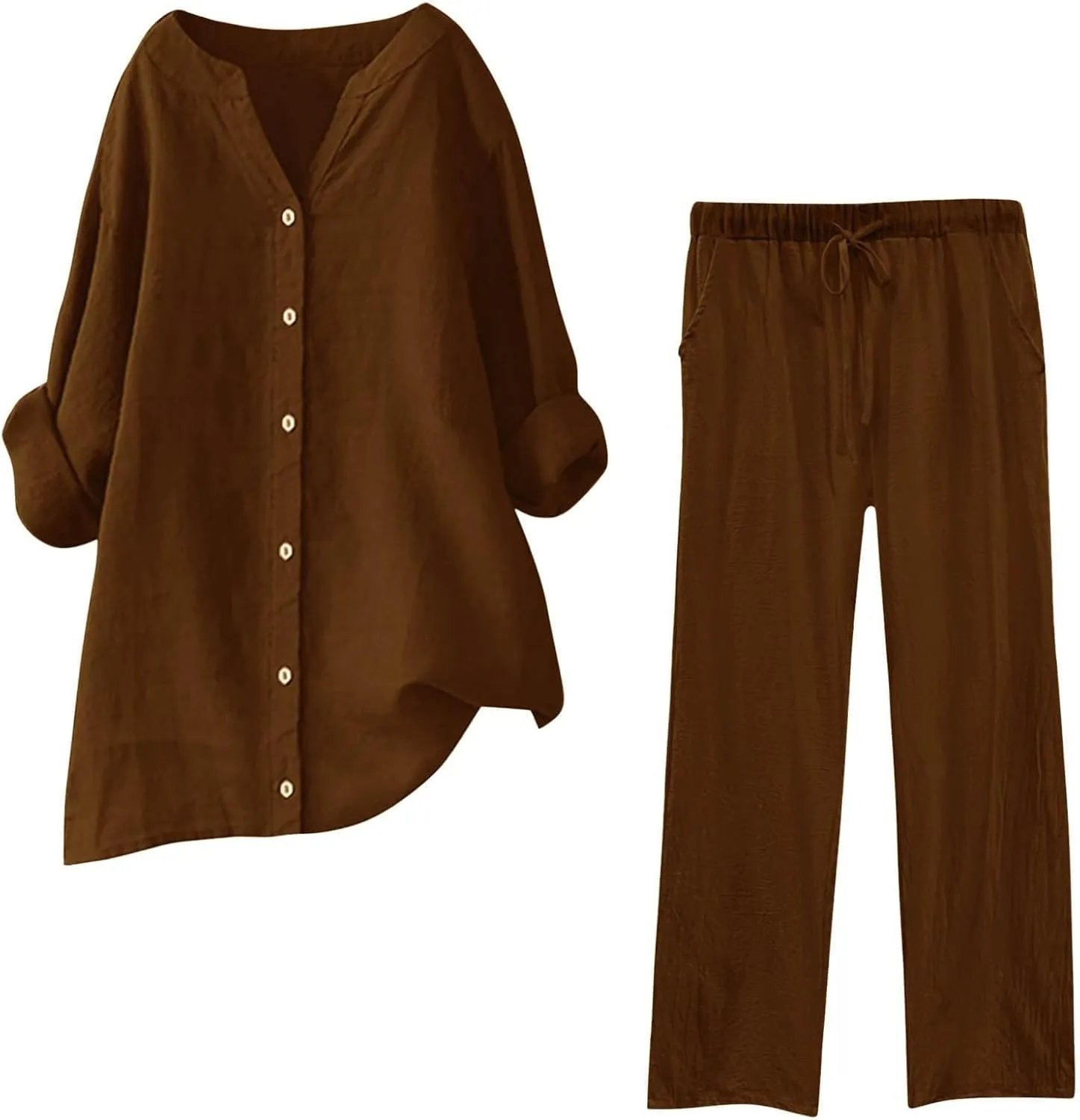 Cotton Linen Shirts for Women Loose Fit Summer Oversized Long Sleeve Button Shirt Wide Leg Pants Tracksuit