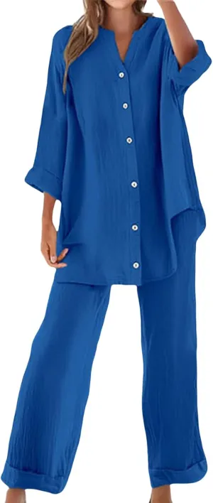 Cotton Linen Shirts for Women Loose Fit Summer Oversized Long Sleeve Button Shirt Wide Leg Pants Tracksuit