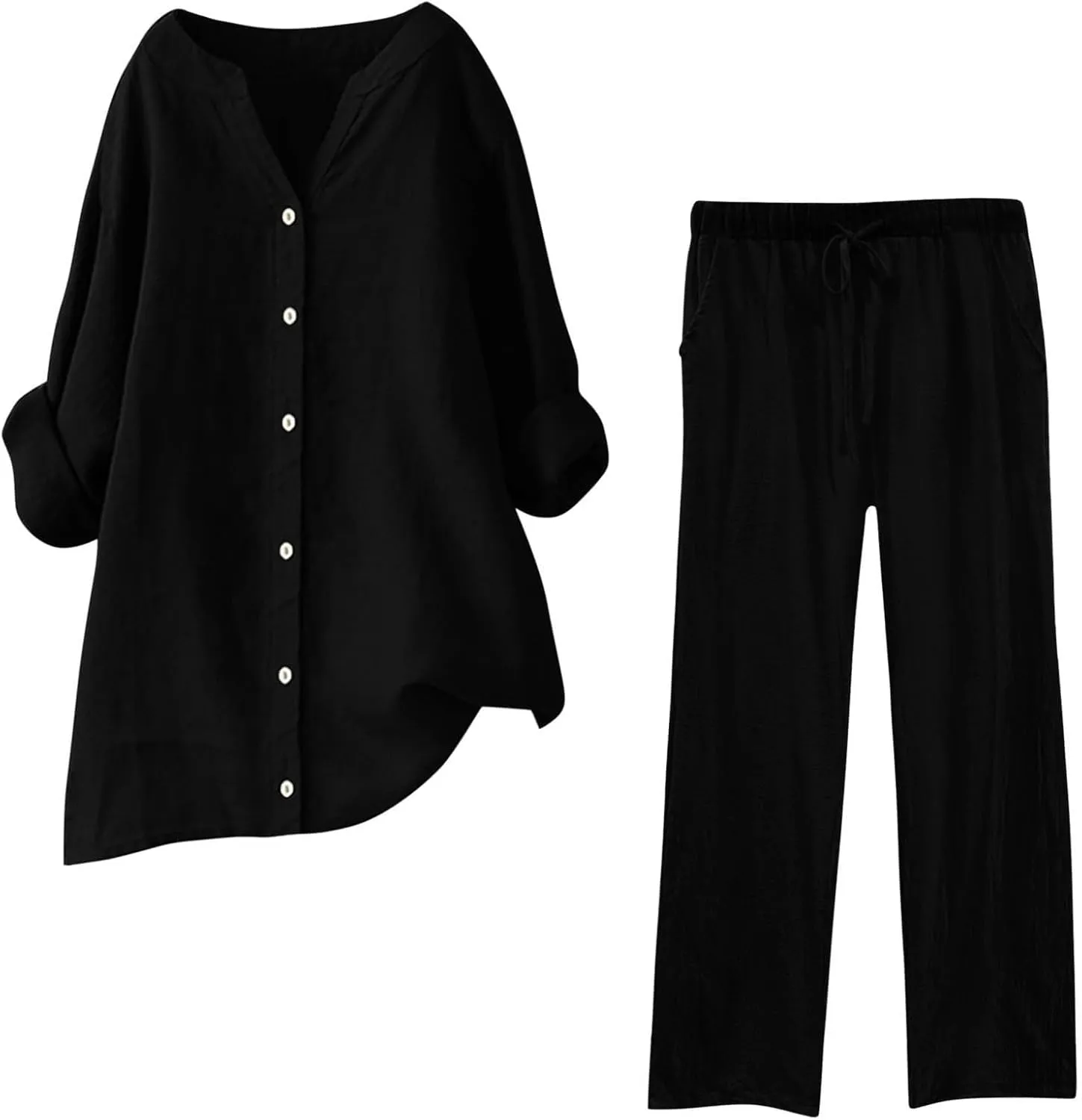 Cotton Linen Shirts for Women Loose Fit Summer Oversized Long Sleeve Button Shirt Wide Leg Pants Tracksuit