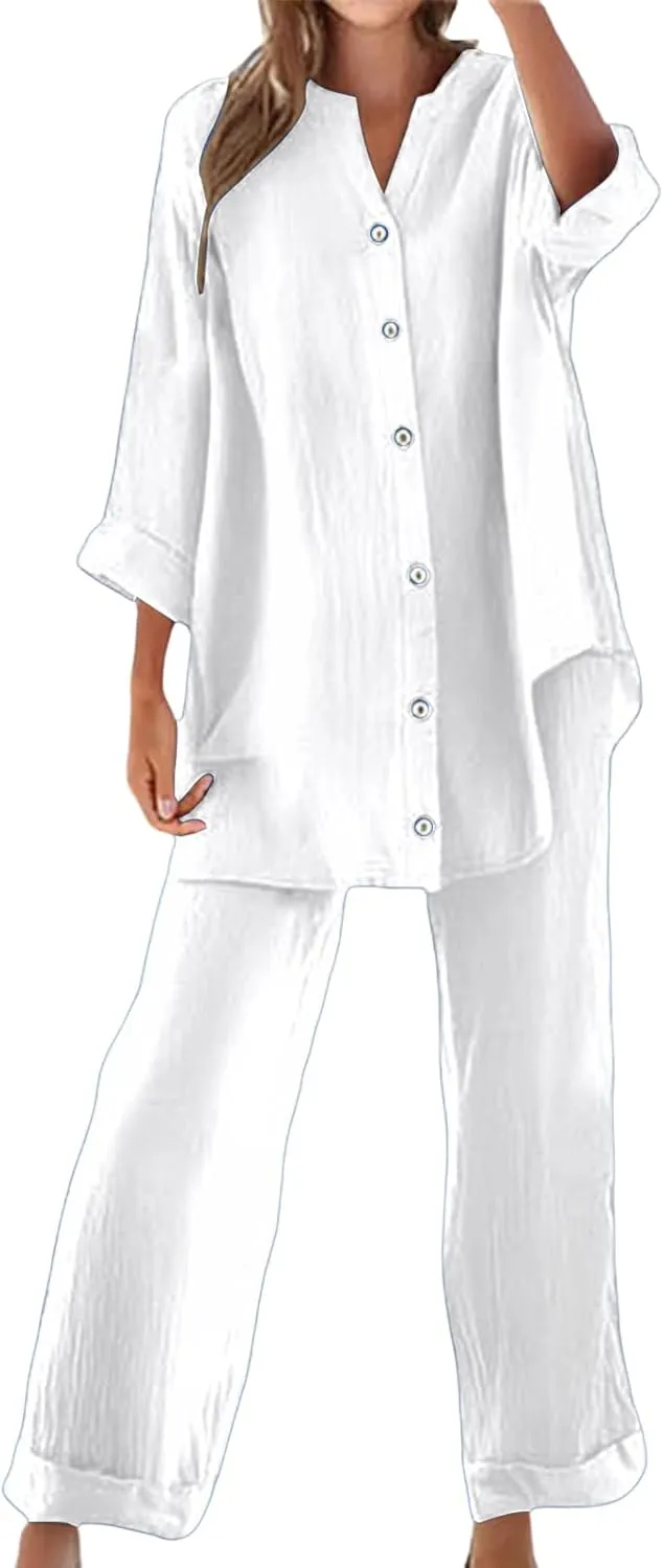 Cotton Linen Shirts for Women Loose Fit Summer Oversized Long Sleeve Button Shirt Wide Leg Pants Tracksuit
