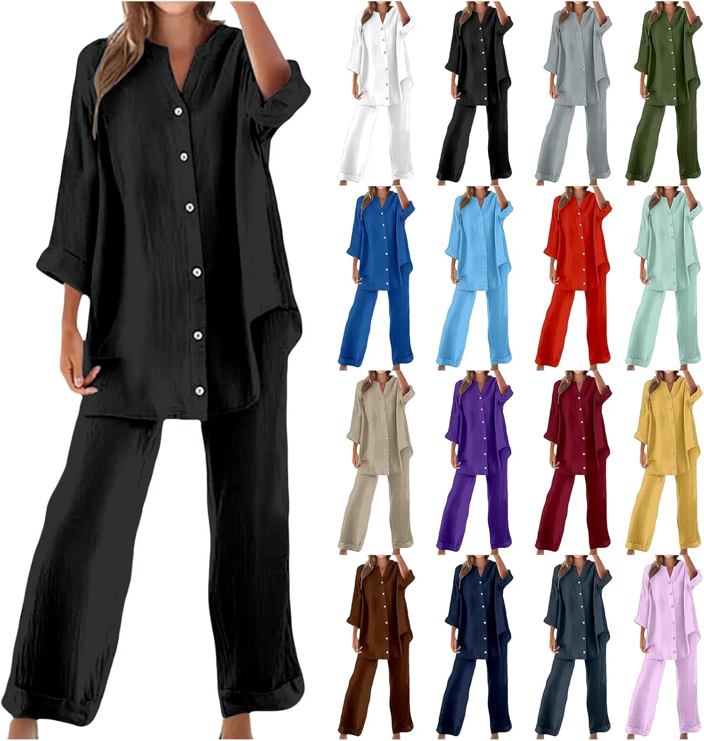 Cotton Linen Shirts for Women Loose Fit Summer Oversized Long Sleeve Button Shirt Wide Leg Pants Tracksuit