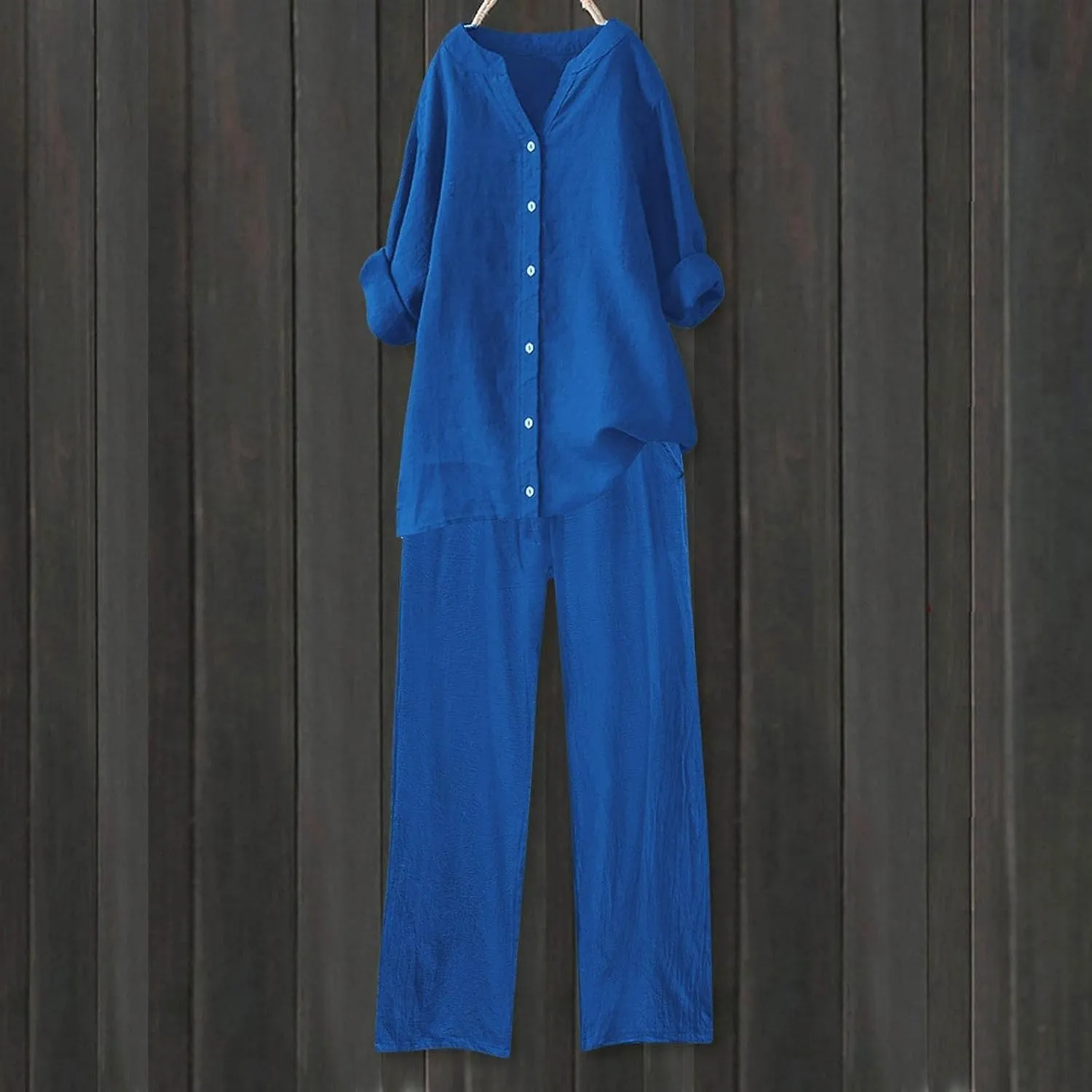 Cotton Linen Shirts for Women Loose Fit Summer Oversized Long Sleeve Button Shirt Wide Leg Pants Tracksuit