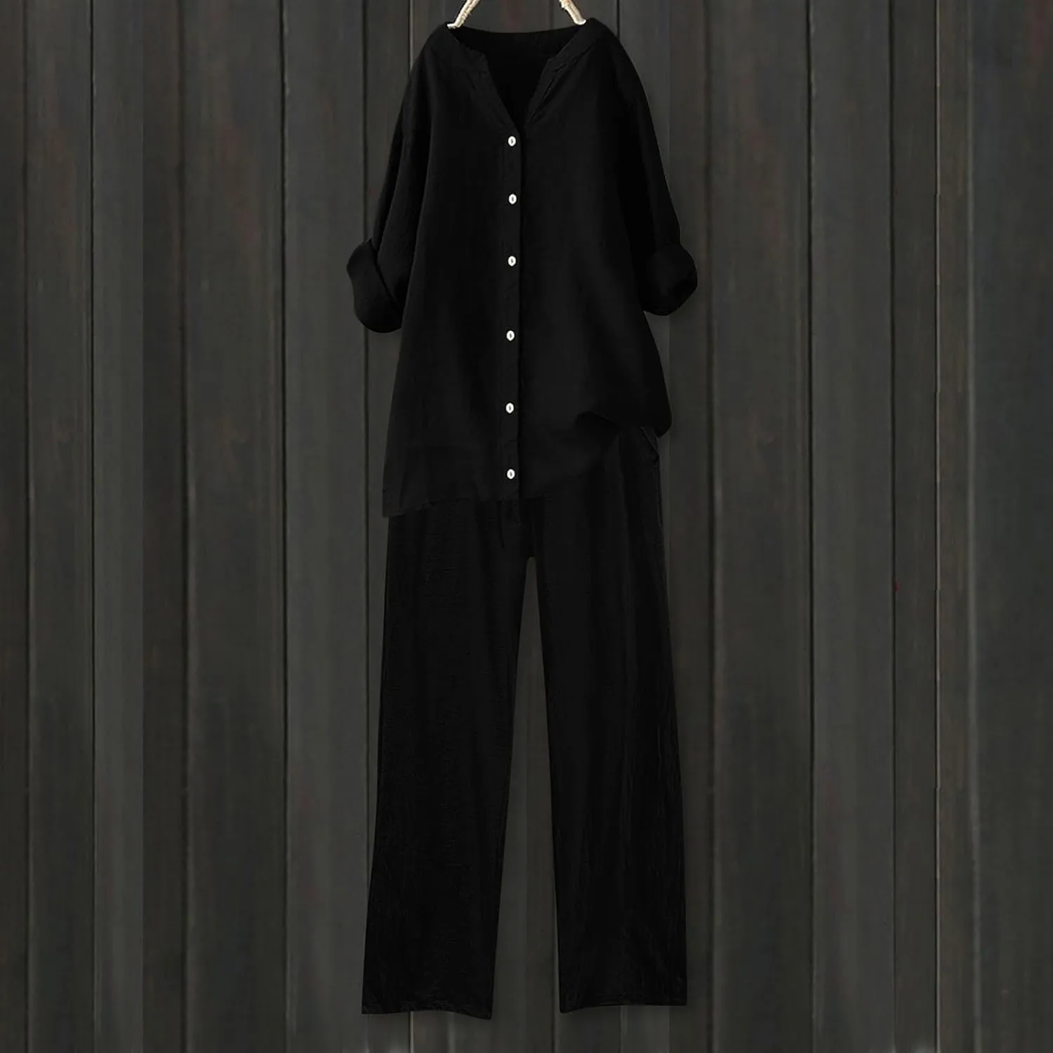 Cotton Linen Shirts for Women Loose Fit Summer Oversized Long Sleeve Button Shirt Wide Leg Pants Tracksuit