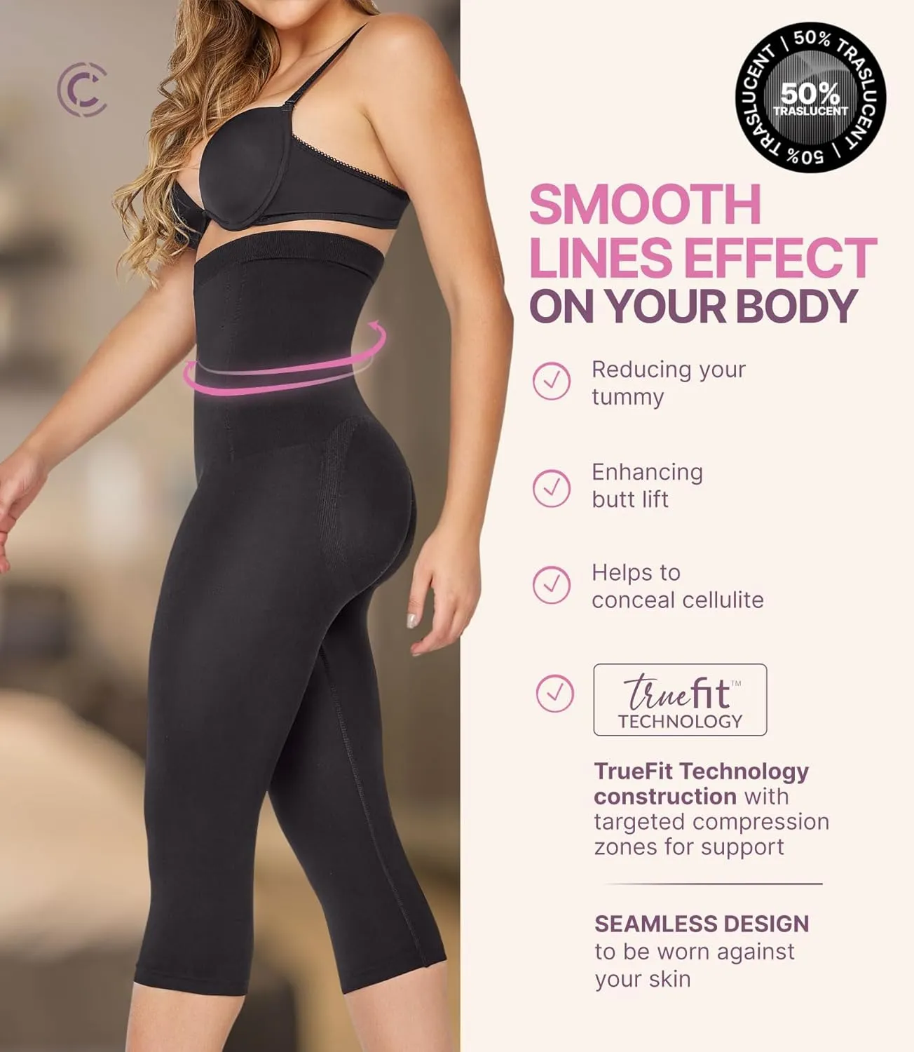 CURVEEZ High-Waisted Shapewear for Women, Tummy Control Compression Leggings with Thong, Butt Lifting Body Shaper, Seamless