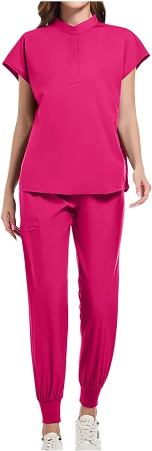 DDAPJ pyju Women's Jogger Scrub Sets Mock Neck Short Sleeve Scrub Top Zipper Cargo Pants Athletic Scrubs Set Nursing Uniform