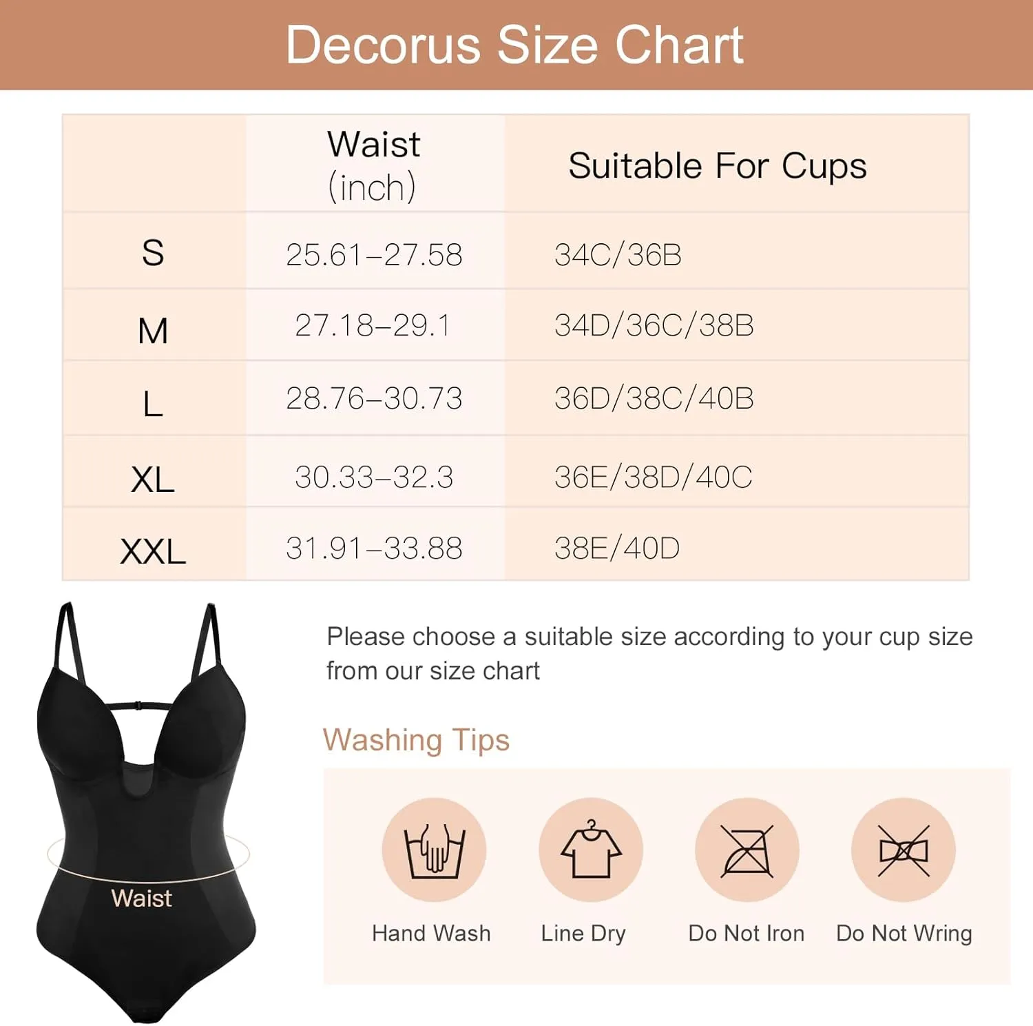 Decorus Women's Low Back Shapewear Tummy Control Deep V Neck Backless Body Shaper Plunge Thong Bridal Bodysuit Built in Bra