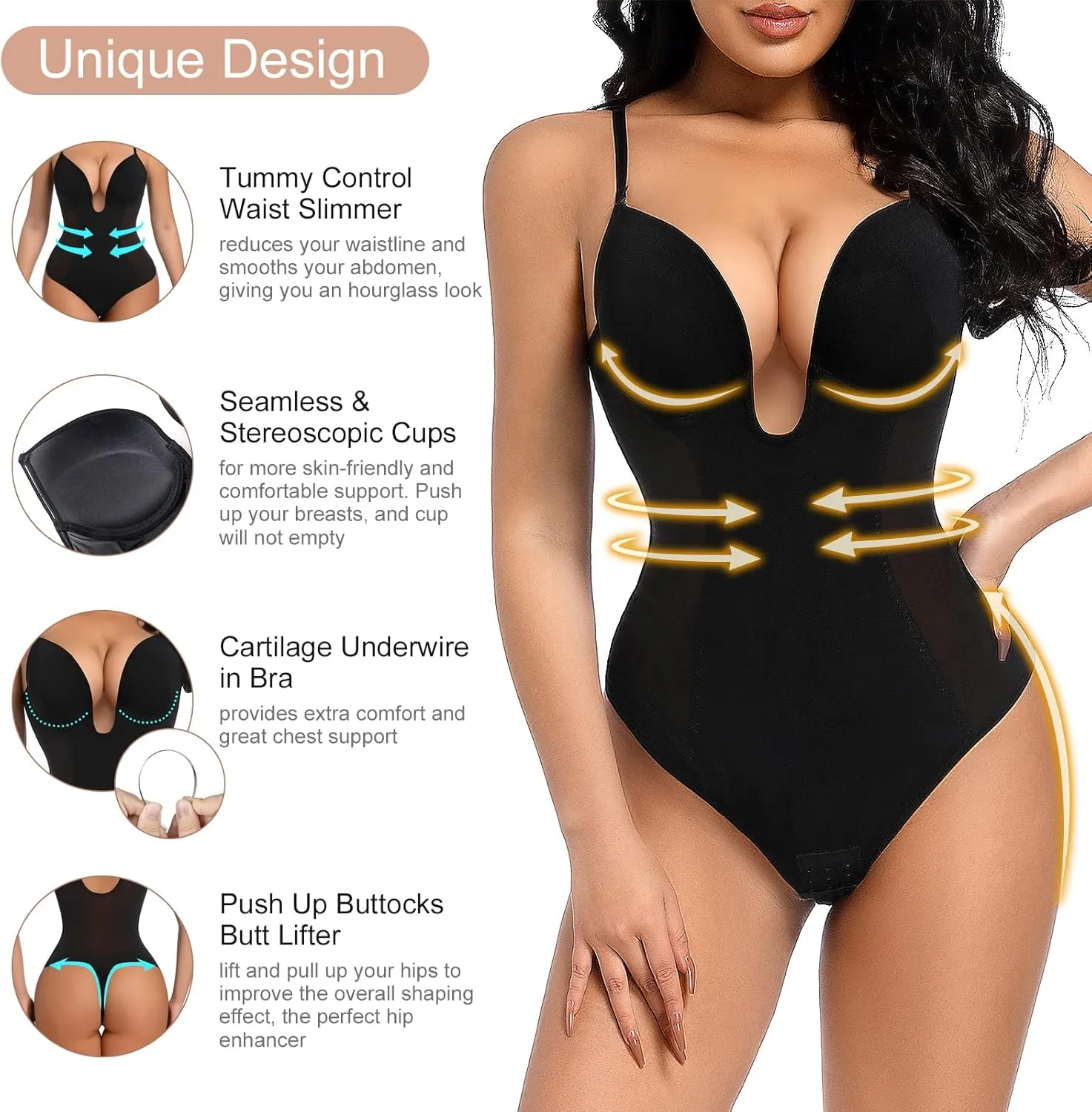 Decorus Women's Low Back Shapewear Tummy Control Deep V Neck Backless Body Shaper Plunge Thong Bridal Bodysuit Built in Bra