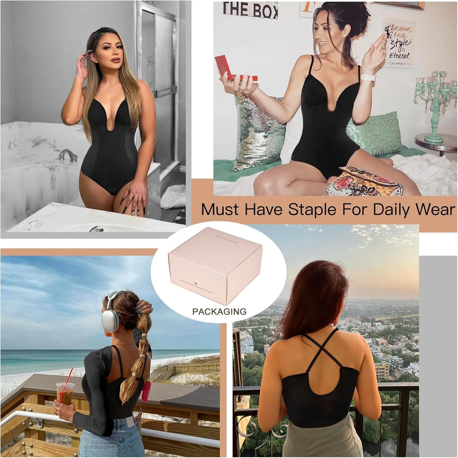 Decorus Women's Low Back Shapewear Tummy Control Deep V Neck Backless Body Shaper Plunge Thong Bridal Bodysuit Built in Bra