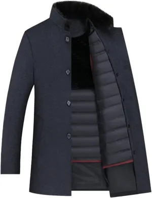 DFHBFG Wool Coat Men Thick Detachable Duck Down Liner Woolen Coat Mens Winter Warm Mens Trench Coat Long Overcoat(E,XL Code)