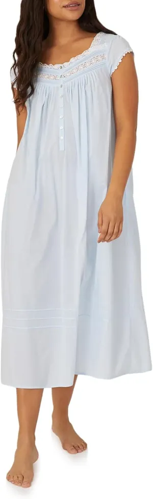 Eileen West Queen Anne's Lace Nightgowns for Women - Heirloom Lightweight 100% Cotton Cap Sleeve Full Length Sleep Dress - Light Blue, 1X