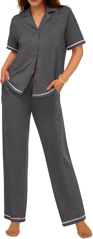 Ekouaer Cotton Pajamas Sets for Women 2 Piece Button Down Short Sleeve Pj Set with Long Pants Lounge Set Soft Sleepwear S-XXL