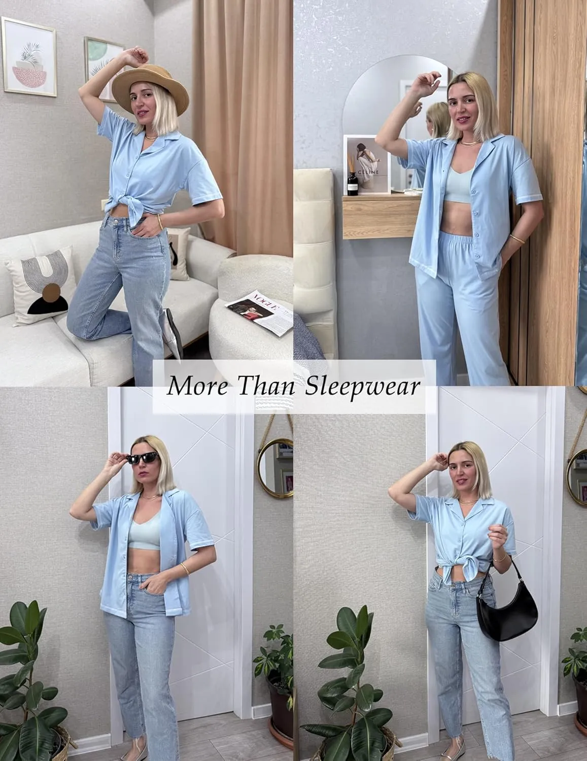 Ekouaer Cotton Pajamas Sets for Women 2 Piece Button Down Short Sleeve Pj Set with Long Pants Lounge Set Soft Sleepwear S-XXL