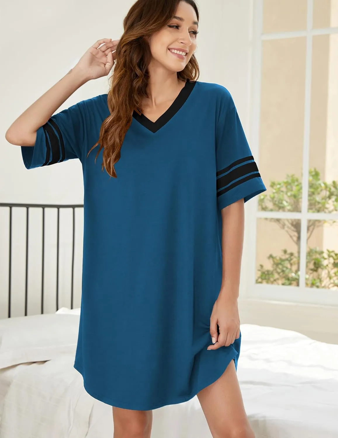 Ekouaer Womens Nightgown Cotton Sleepwear Short Sleeve Sleep Shirt V Neck Color Block Nightshirt