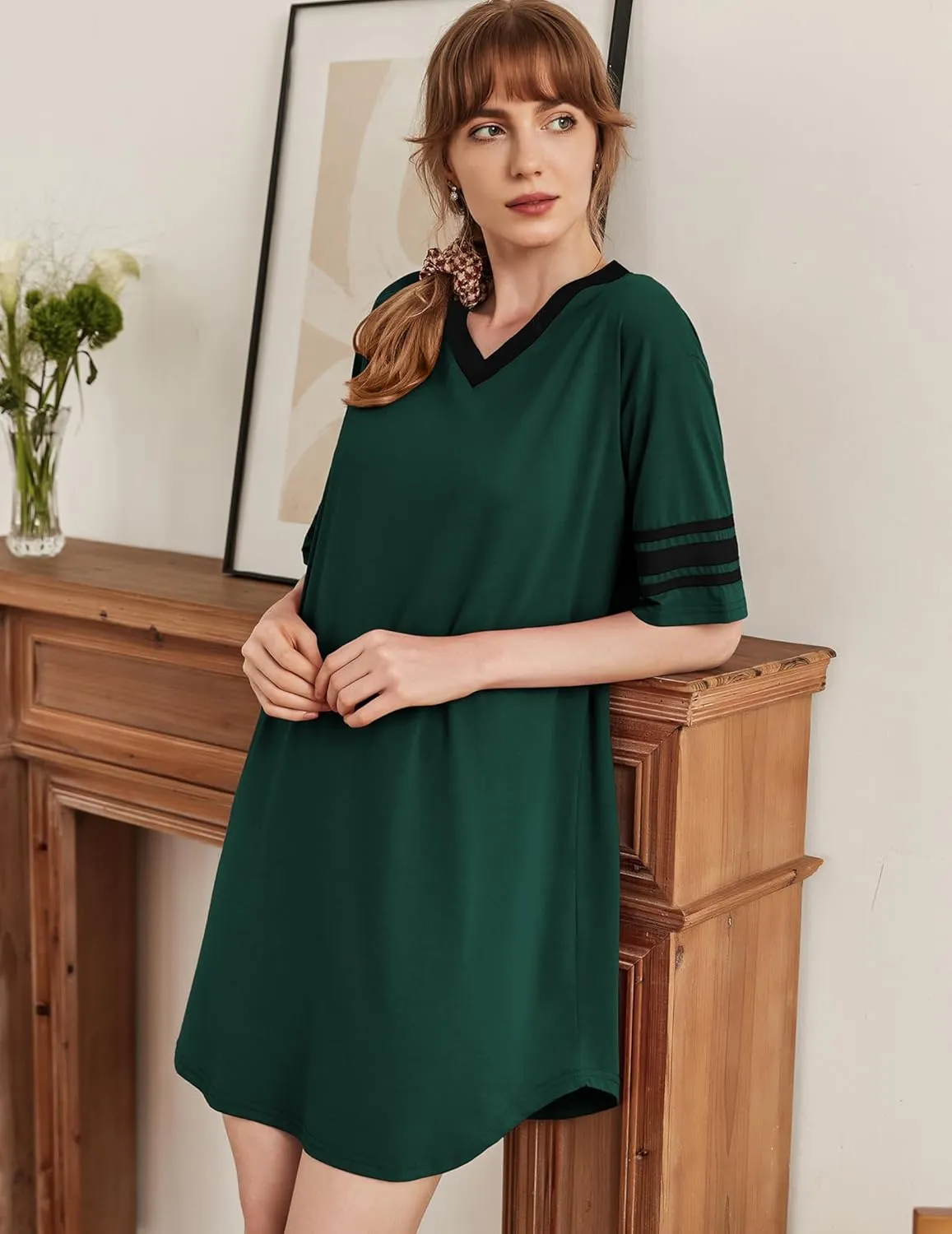 Ekouaer Womens Nightgown Cotton Sleepwear Short Sleeve Sleep Shirt V Neck Color Block Nightshirt