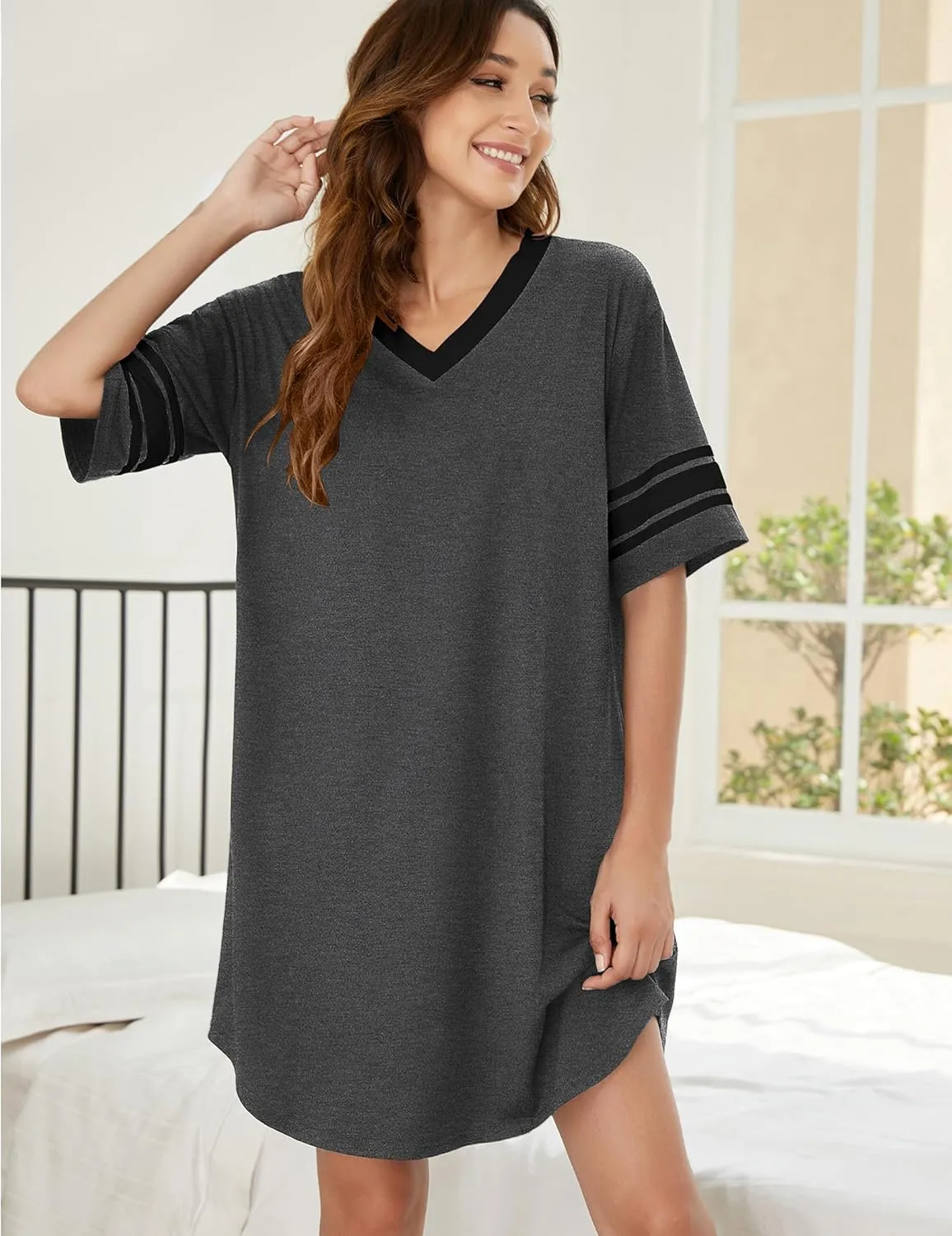 Ekouaer Womens Nightgown Cotton Sleepwear Short Sleeve Sleep Shirt V Neck Color Block Nightshirt
