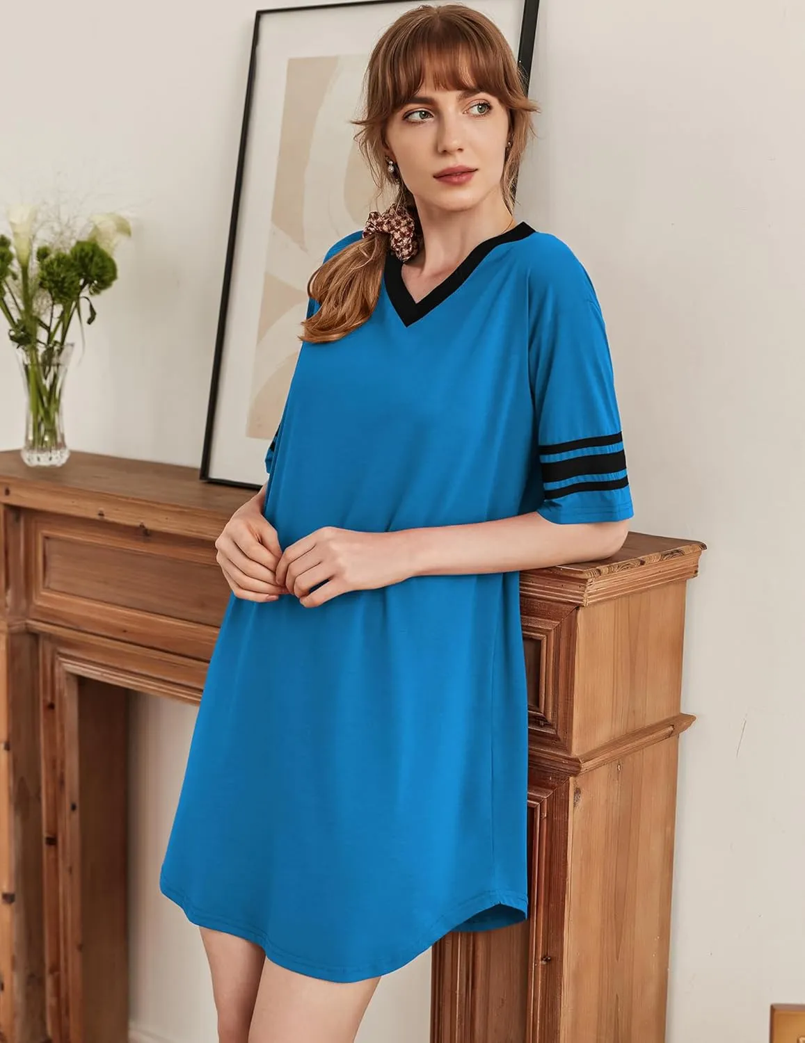 Ekouaer Womens Nightgown Cotton Sleepwear Short Sleeve Sleep Shirt V Neck Color Block Nightshirt
