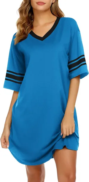 Ekouaer Womens Nightgown Cotton Sleepwear Short Sleeve Sleep Shirt V Neck Color Block Nightshirt