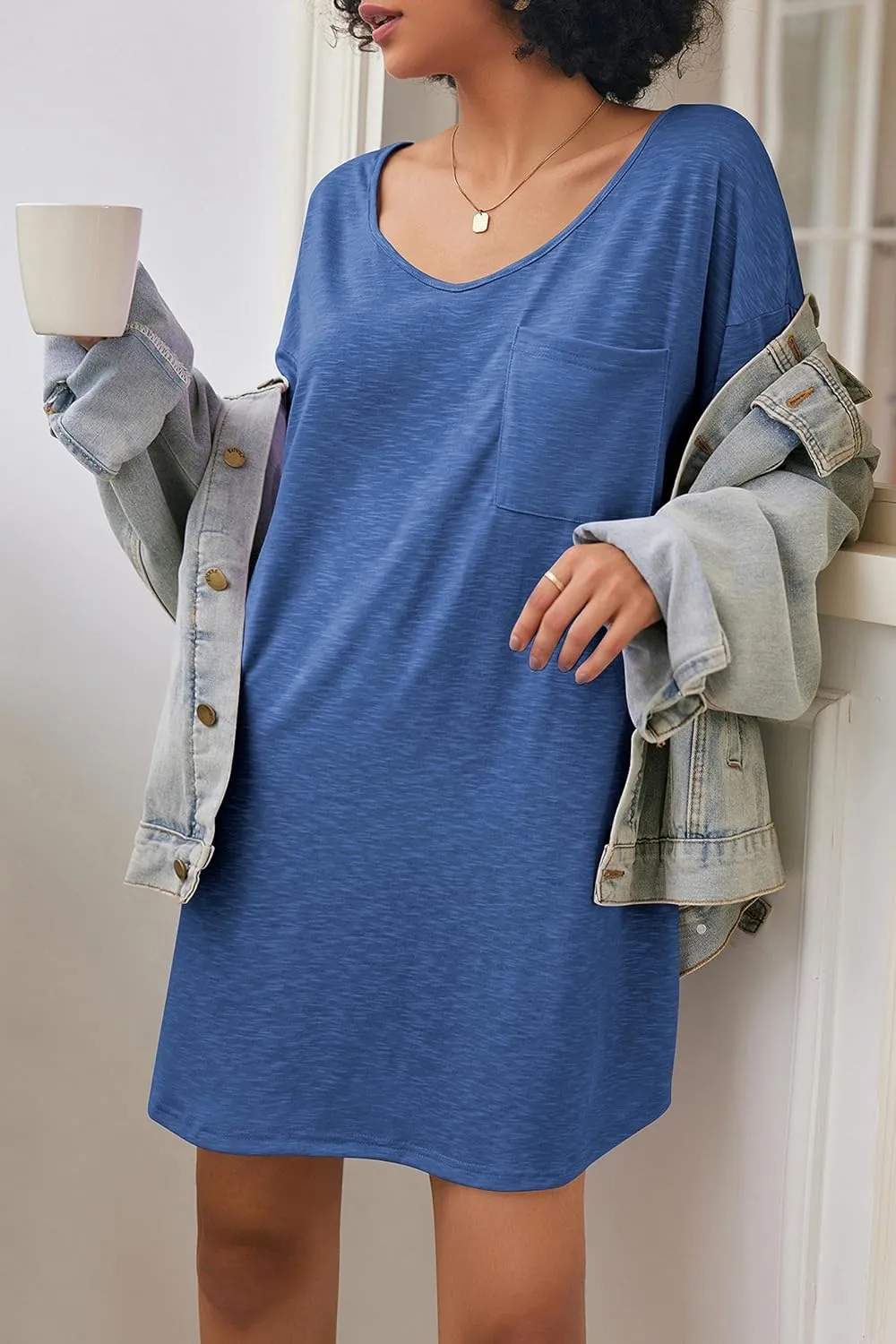Ekouaer Womens Tshirt Nightgown Cotton V Neck Sleepshirts Comfy Casual Nightshirt for Women