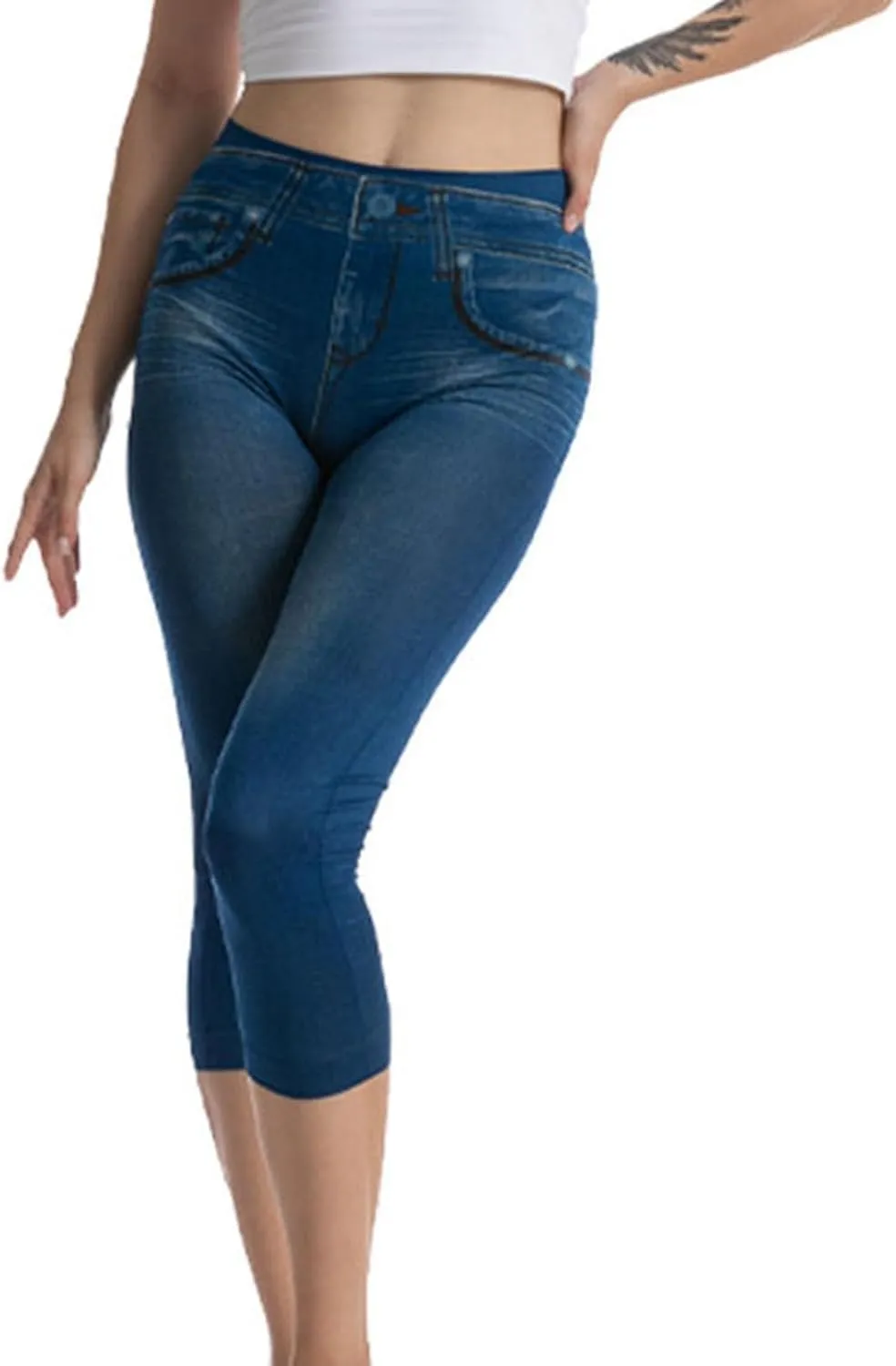 Faux Denim Capri Jeans Women's Casual High Waisted Skinny Leggings Stretchy Pull On Casual Pants with Decor Pockets