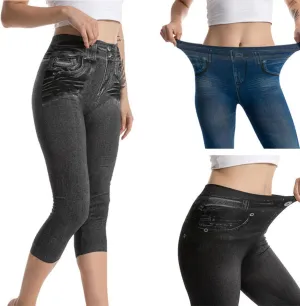Faux Denim Capri Jeans Women's Casual High Waisted Skinny Leggings Stretchy Pull On Casual Pants with Decor Pockets