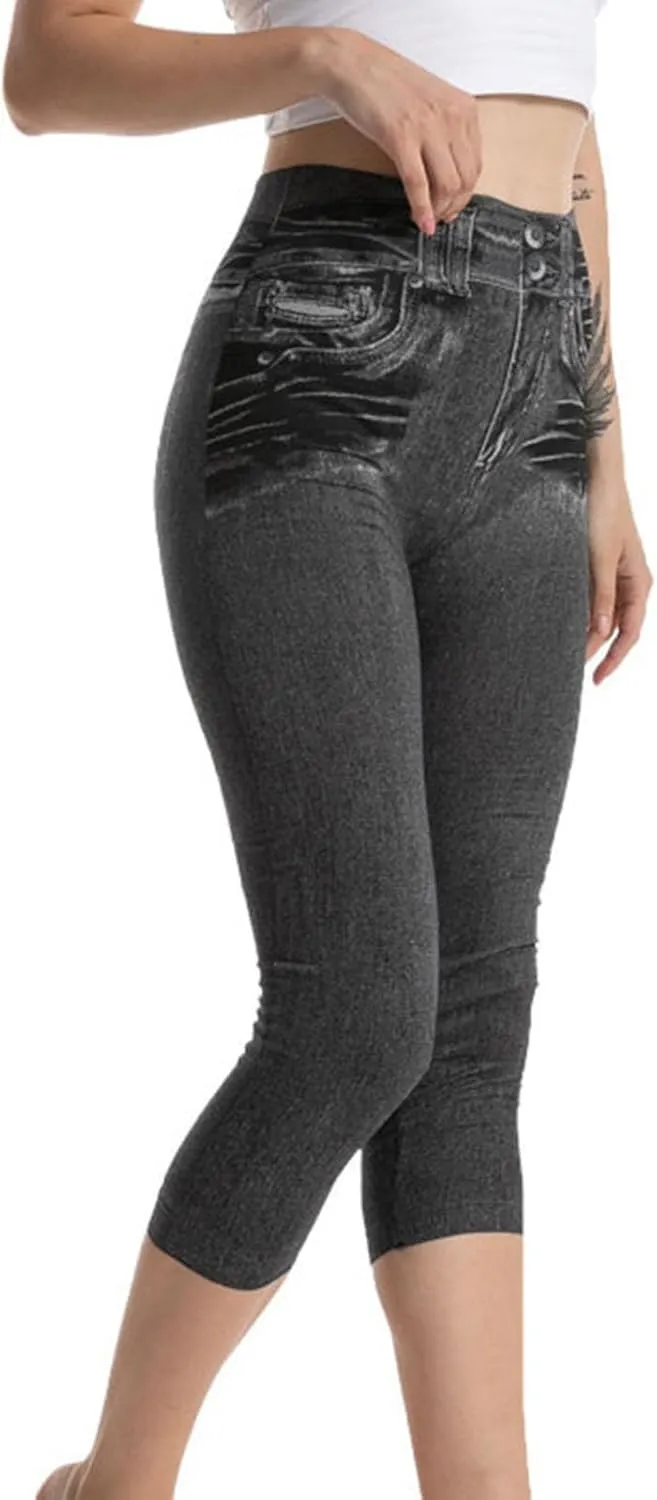 Faux Denim Capri Jeans Women's Casual High Waisted Skinny Leggings Stretchy Pull On Casual Pants with Decor Pockets