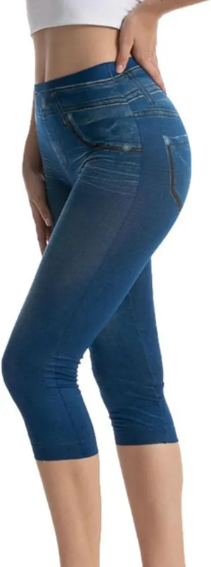 Faux Denim Capri Jeans Women's Casual High Waisted Skinny Leggings Stretchy Pull On Casual Pants with Decor Pockets