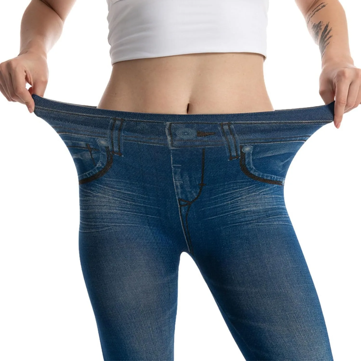 Faux Denim Capri Jeans Women's Casual High Waisted Skinny Leggings Stretchy Pull On Casual Pants with Decor Pockets