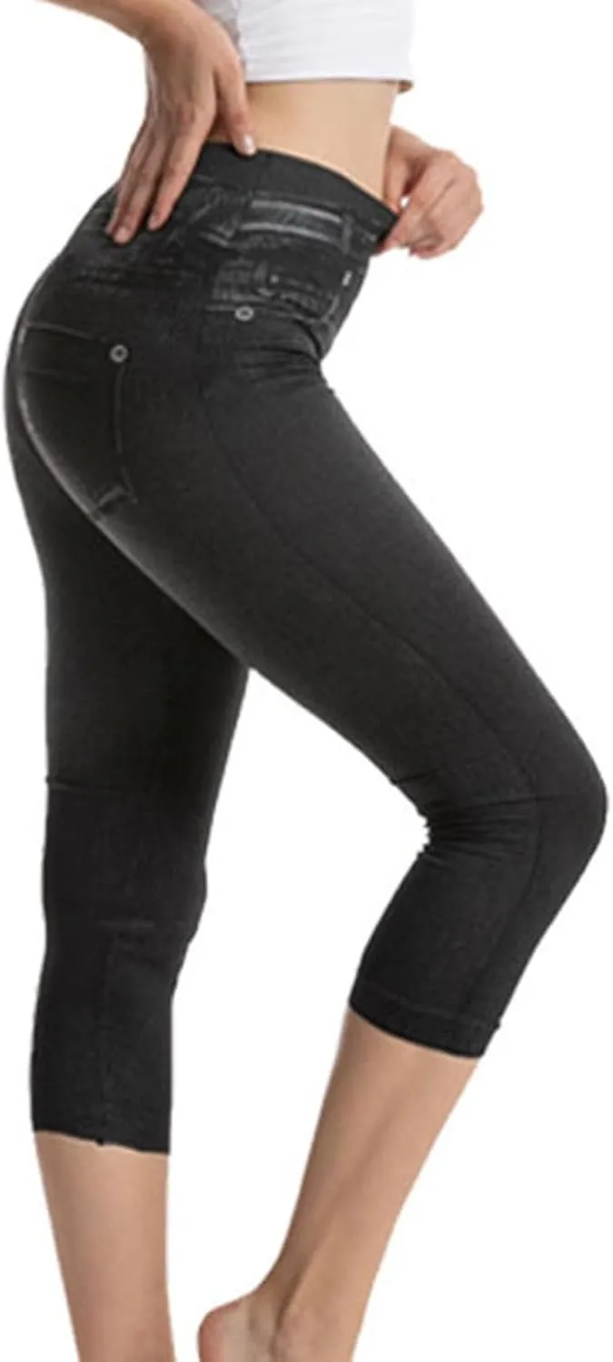 Faux Denim Capri Jeans Women's Casual High Waisted Skinny Leggings Stretchy Pull On Casual Pants with Decor Pockets