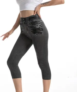 Faux Denim Capri Jeans Women's Casual High Waisted Skinny Leggings Stretchy Pull On Casual Pants with Decor Pockets