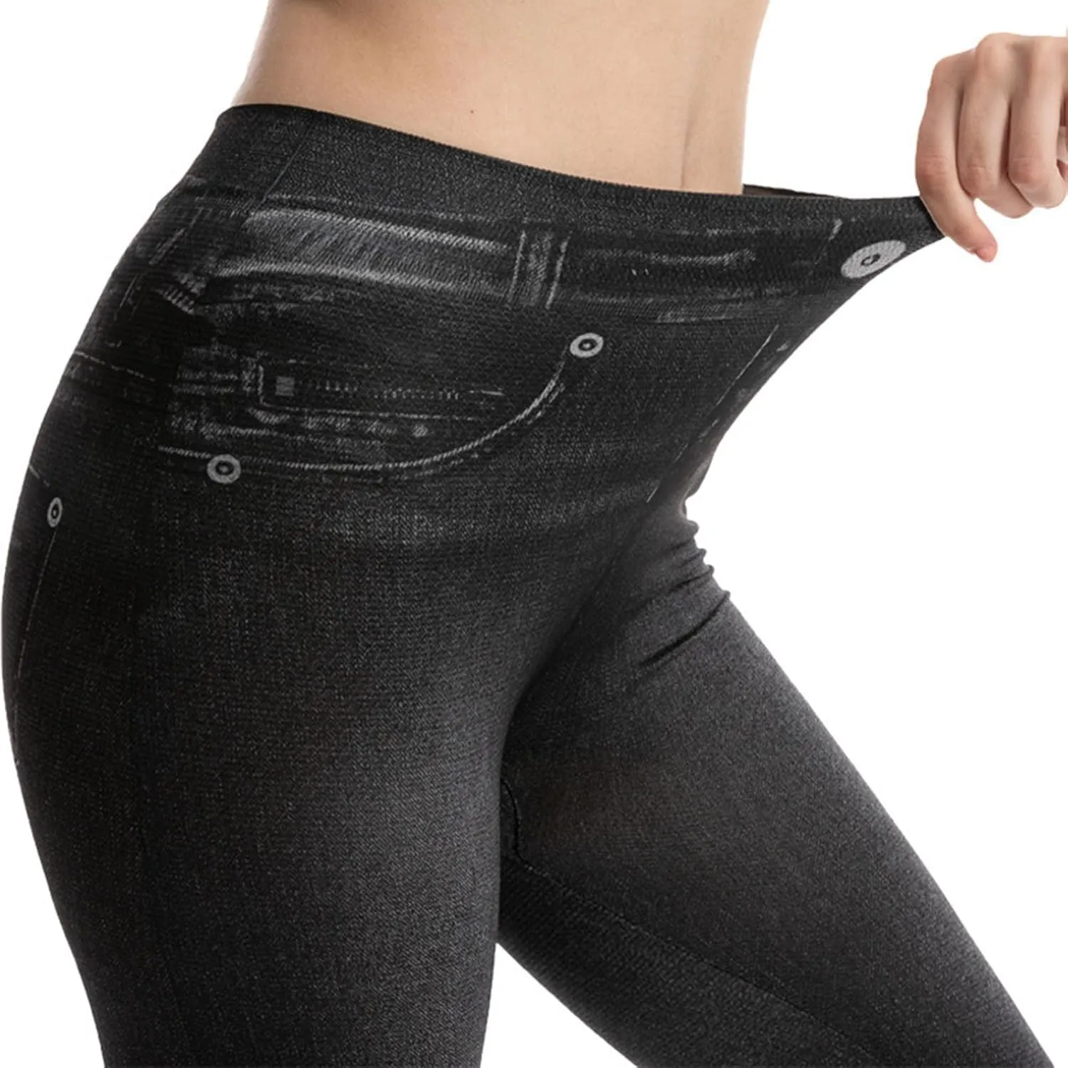 Faux Denim Capri Jeans Women's Casual High Waisted Skinny Leggings Stretchy Pull On Casual Pants with Decor Pockets