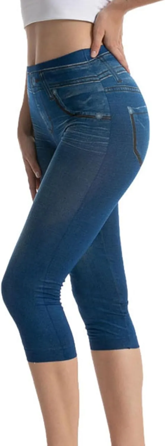 Faux Denim Capri Jeans Women's Casual High Waisted Skinny Leggings Stretchy Pull On Casual Pants with Decor Pockets