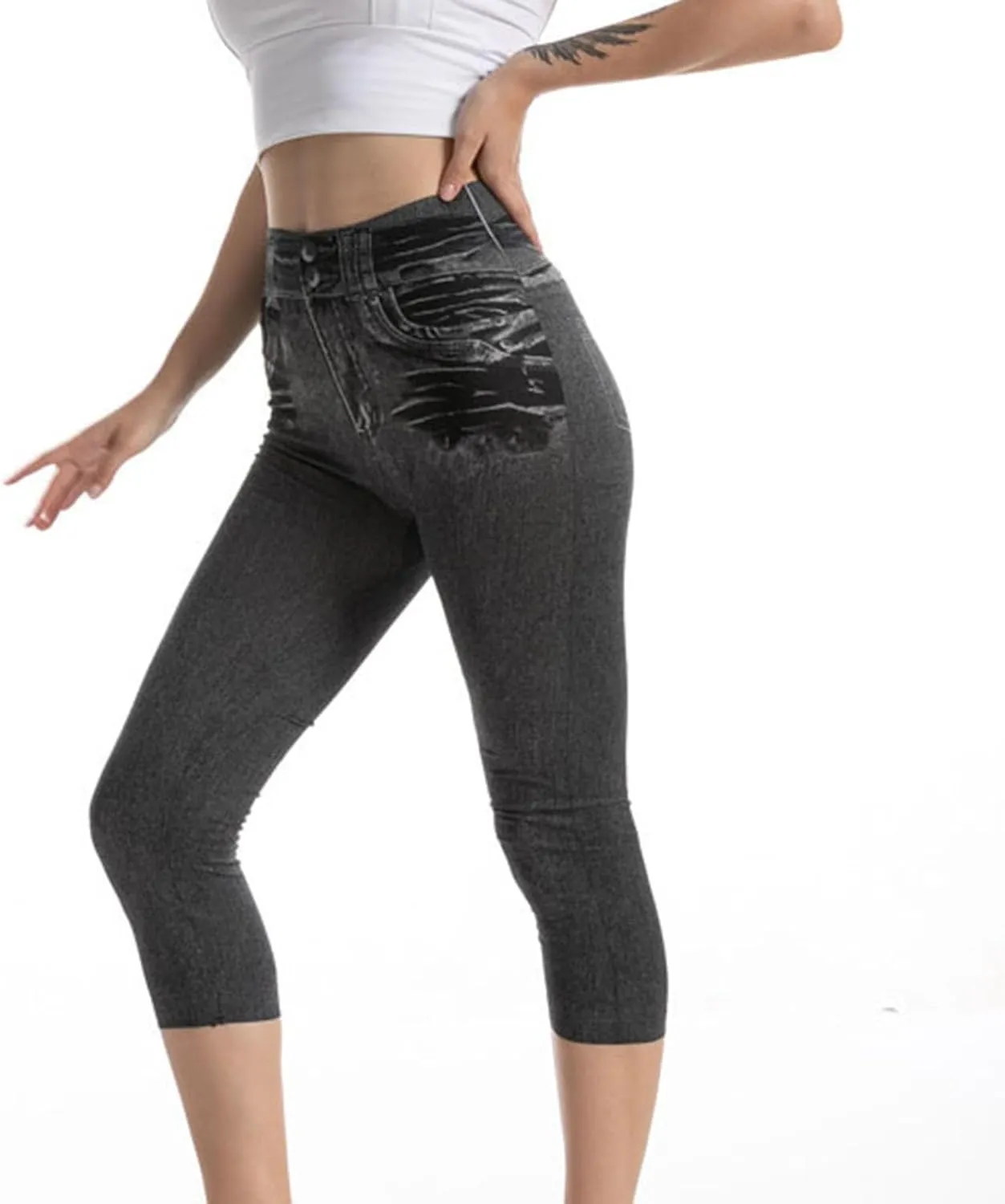 Faux Denim Capri Jeans Women's Casual High Waisted Skinny Leggings Stretchy Pull On Casual Pants with Decor Pockets