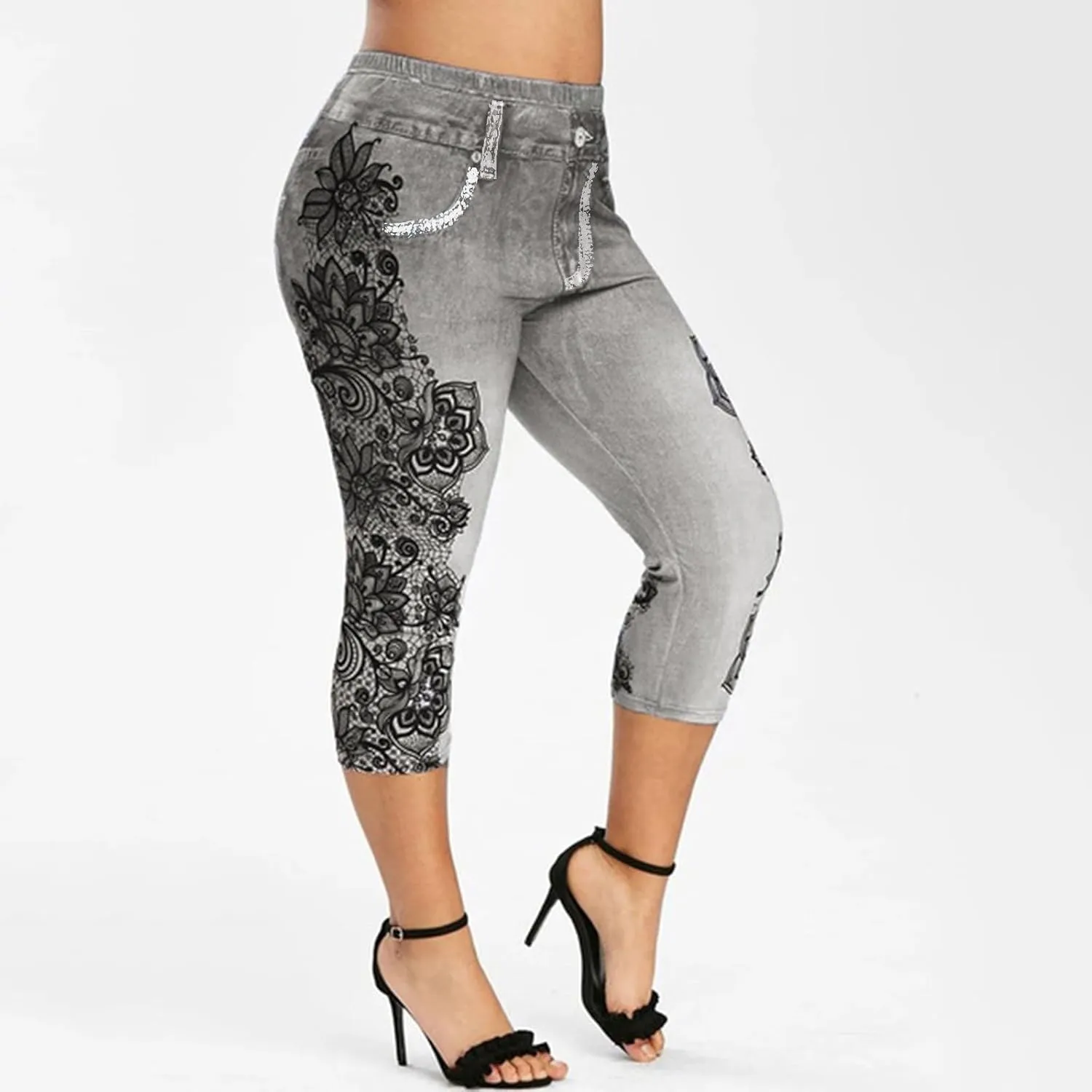 Faux Denim Cropped Legging Plus Size High Waisted Yoga Pants Women's Capri Short Tights Stretch Denim Jeans Jeggings