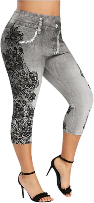 Faux Denim Cropped Legging Plus Size High Waisted Yoga Pants Women's Capri Short Tights Stretch Denim Jeans Jeggings