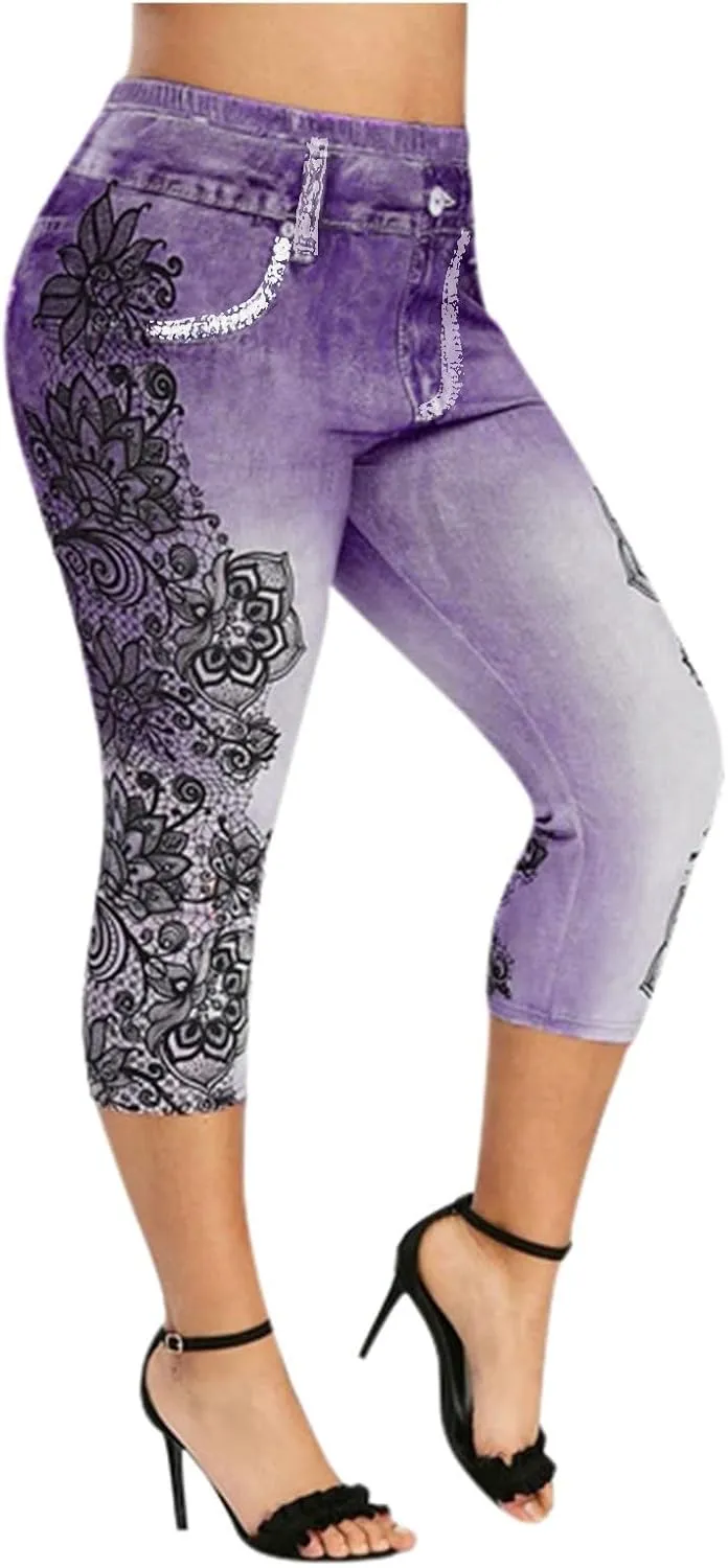 Faux Denim Cropped Legging Plus Size High Waisted Yoga Pants Women's Capri Short Tights Stretch Denim Jeans Jeggings