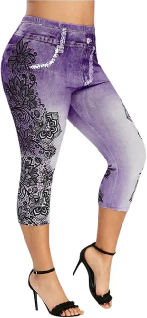 Faux Denim Cropped Legging Plus Size High Waisted Yoga Pants Women's Capri Short Tights Stretch Denim Jeans Jeggings