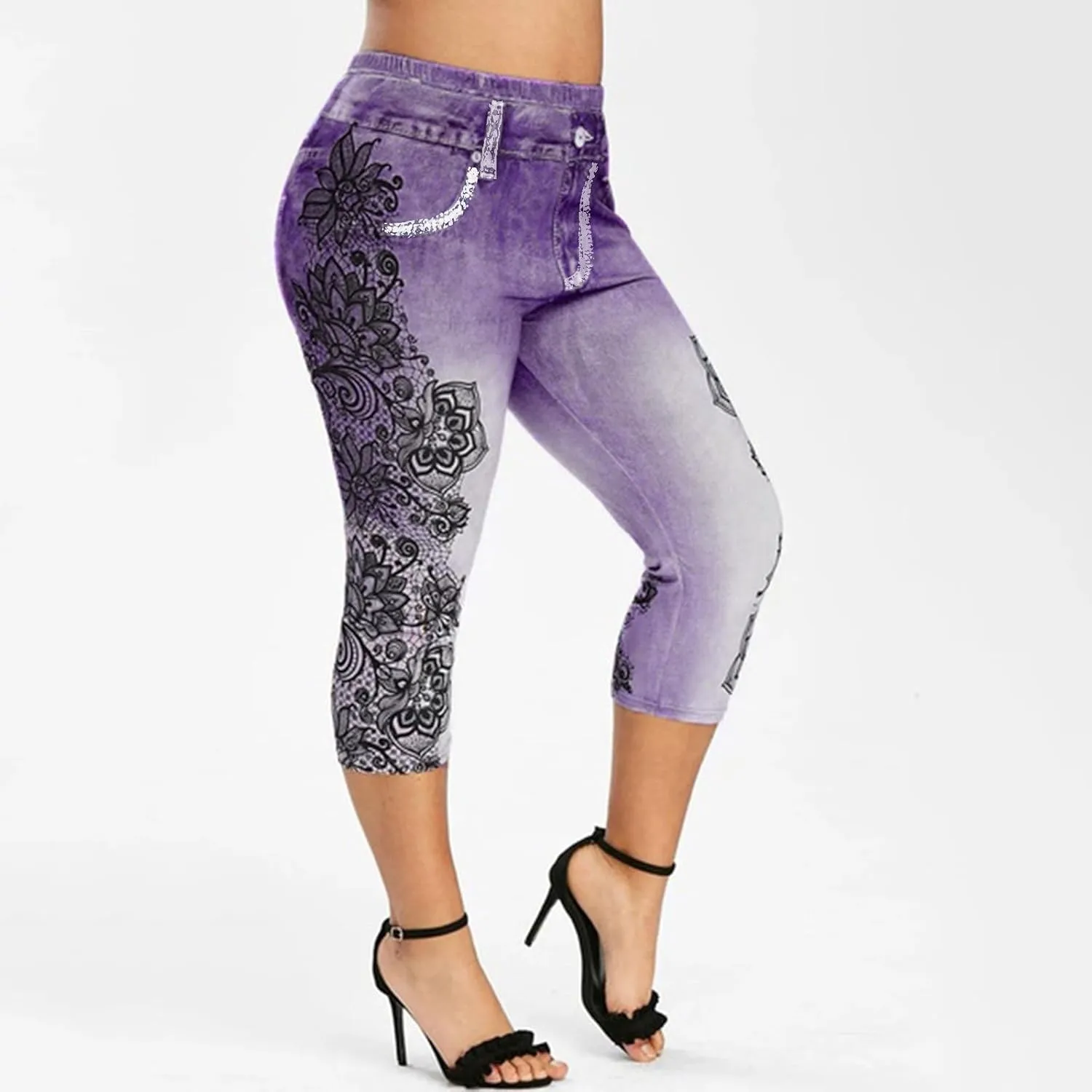 Faux Denim Cropped Legging Plus Size High Waisted Yoga Pants Women's Capri Short Tights Stretch Denim Jeans Jeggings