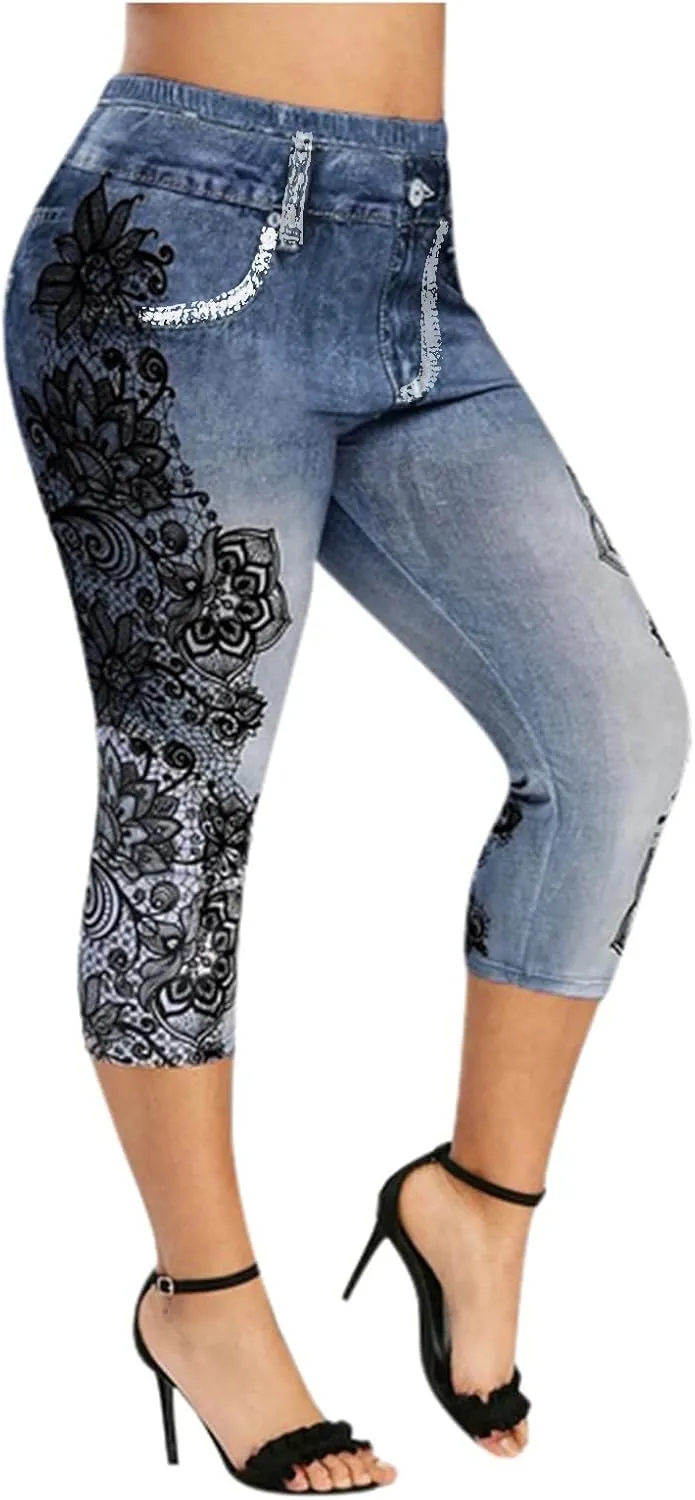Faux Denim Cropped Legging Plus Size High Waisted Yoga Pants Women's Capri Short Tights Stretch Denim Jeans Jeggings