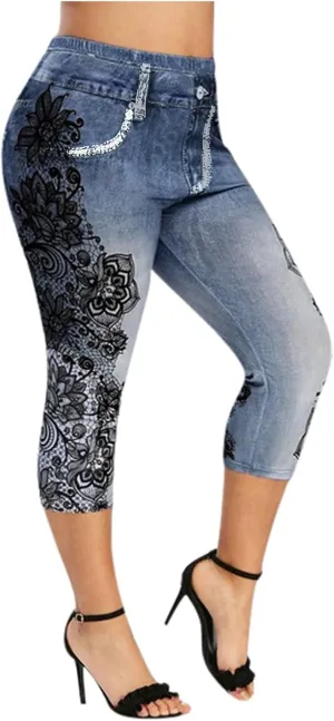 Faux Denim Cropped Legging Plus Size High Waisted Yoga Pants Women's Capri Short Tights Stretch Denim Jeans Jeggings