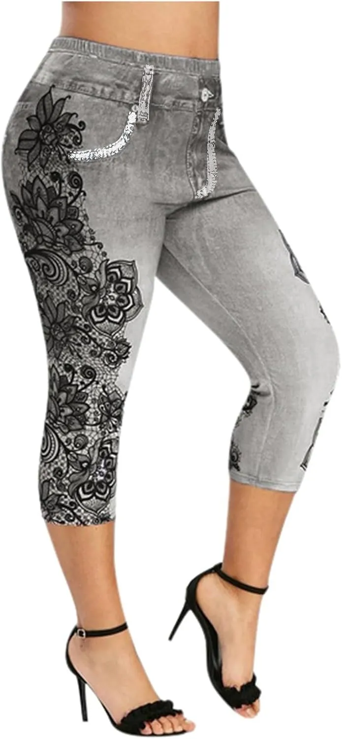 Faux Denim Cropped Legging Plus Size High Waisted Yoga Pants Women's Capri Short Tights Stretch Denim Jeans Jeggings