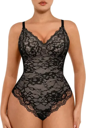 FeelinGirl Bodysuits for Women Tummy Control Lace Shapewear V-Neck Bodysuit Tops Backless Body Shaper Black L