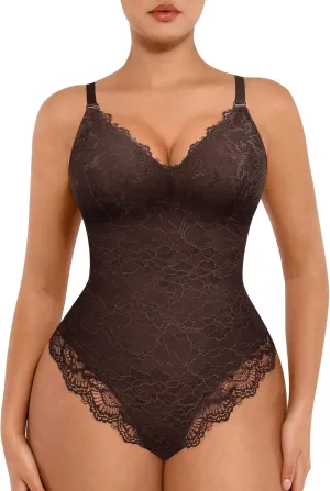 FeelinGirl Shapewear Bodysuits for Women Lace Shapewear Tummy Control V-Neck Sleeveless Bodysuit Tops Jumpsuit