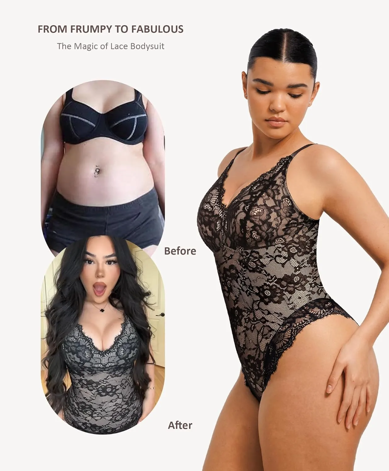 FeelinGirl Shapewear Bodysuits for Women Lace Shapewear Tummy Control V-Neck Sleeveless Bodysuit Tops Jumpsuit